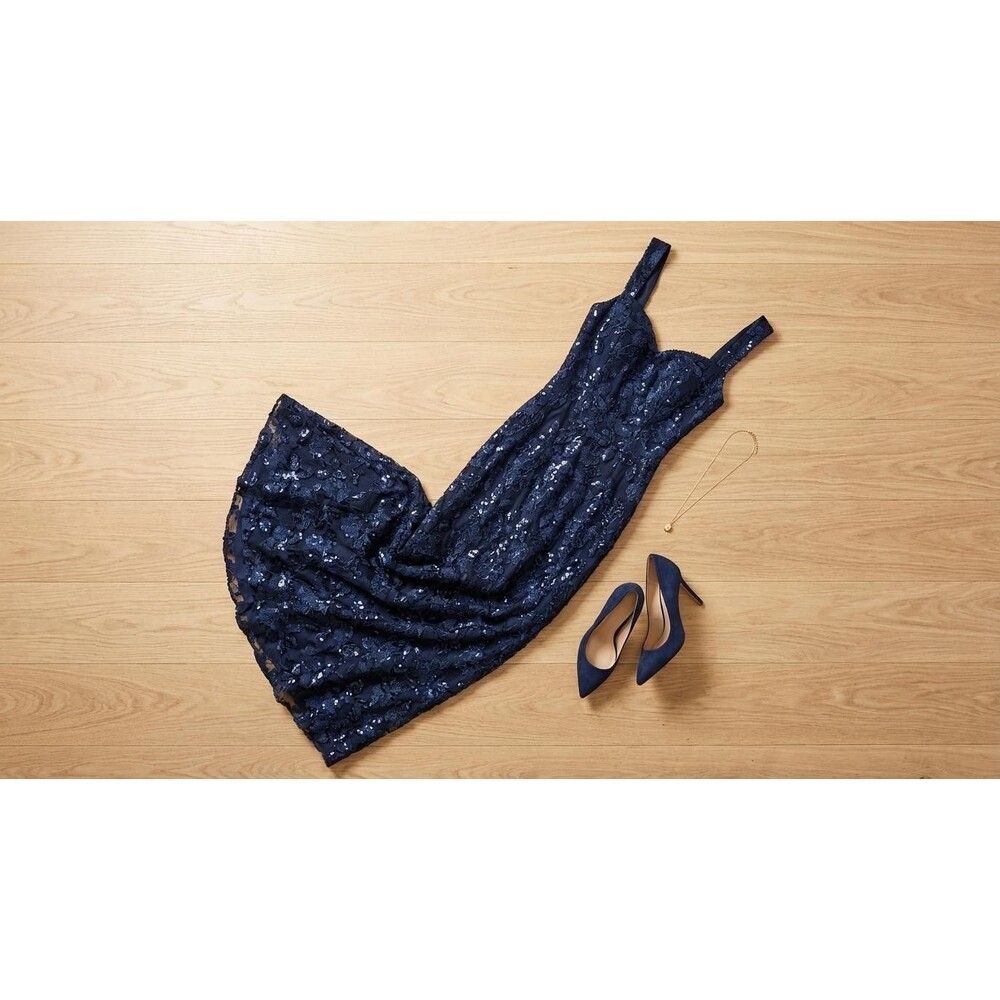 Dress The Population Anabel Women XXL Navy Blue Sequin Embroidered Floral Gown - Picture 2 of 16
